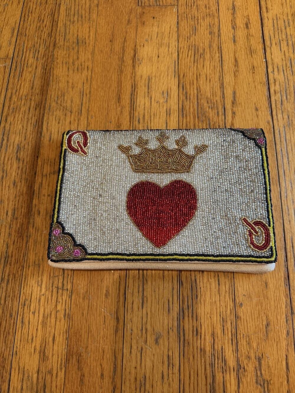 Shridee Clutch Bag Womens Small Beige Beaded Queen Heart Crown Chain Strap